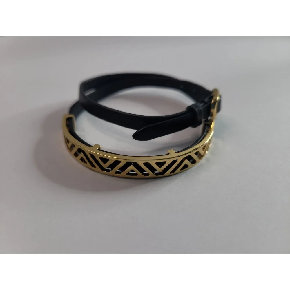 Black Faux Leather Wrap Bracelet Gold Tone Geometric Bar and Crescent Charm